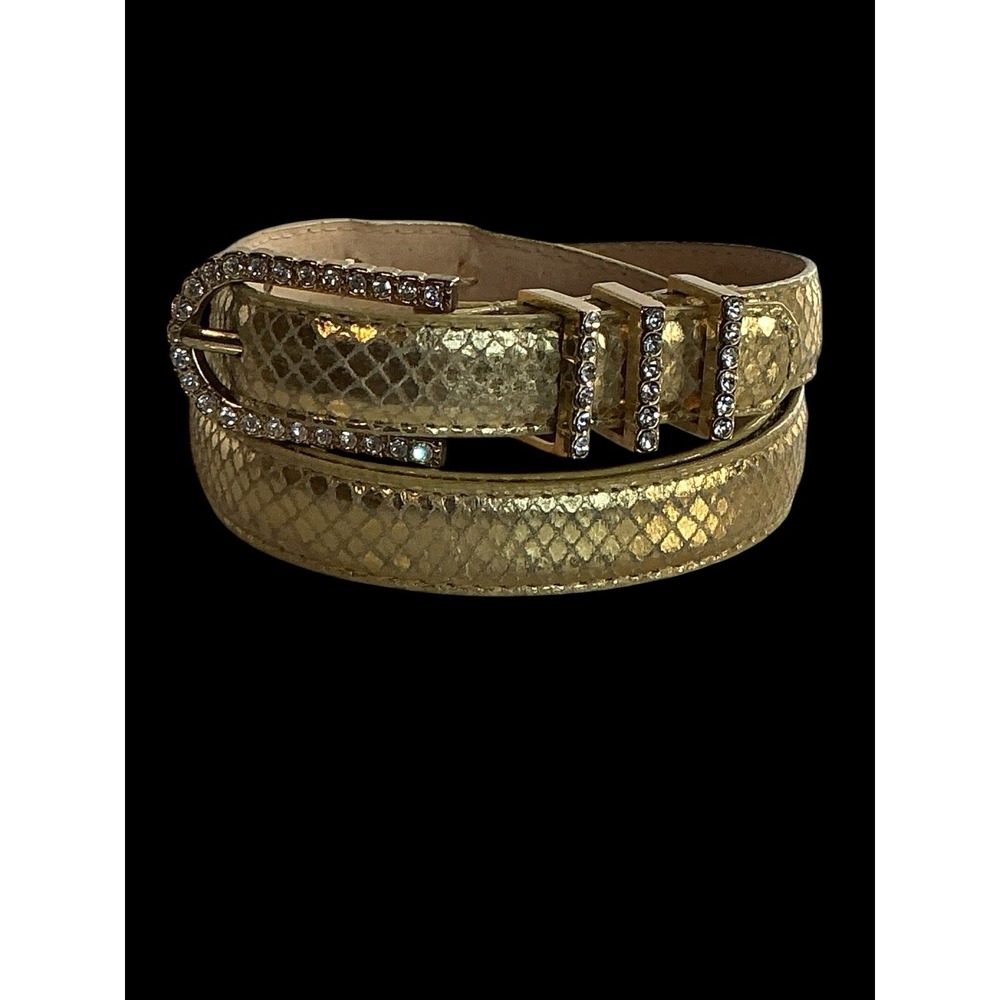 Gold Snake Embossed Leather Cache' Belt With Gold Crystals On Buckle Med